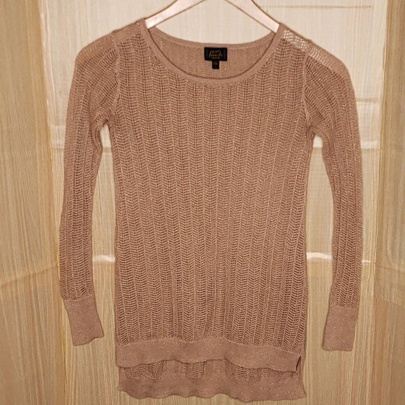 Frenchi Womens Tan Open Knit Sweater With Gold Sparkle Small - Picture 1 of 7